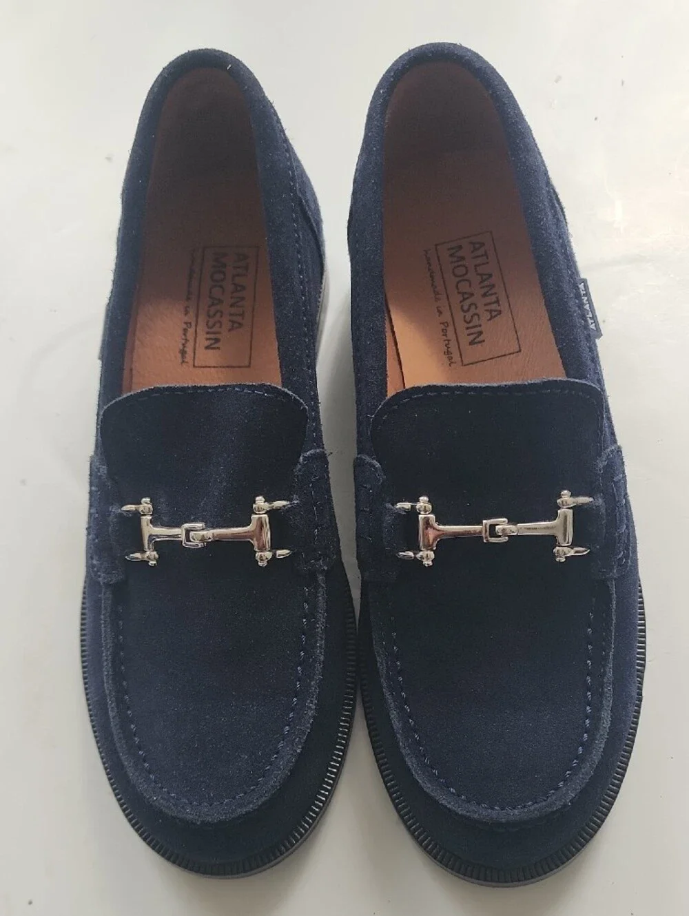 Navy Suede Horsebit Loafers. In Excellent Condition Like New